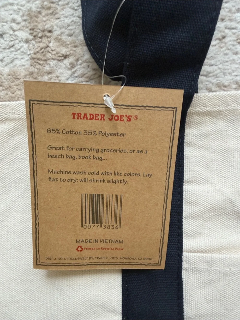 Trader Joe’s Cream/Navy Large Canvas Tote Bag